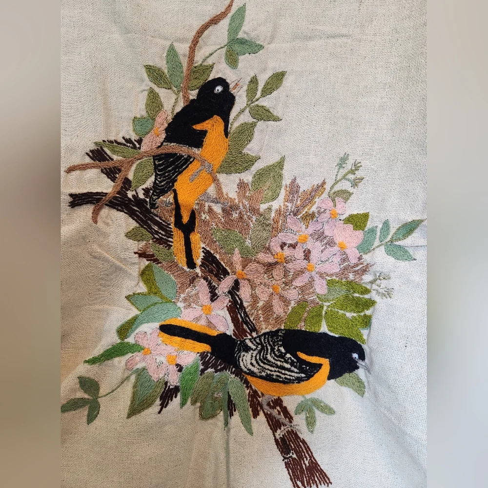 Vintage Finished Hand Made Crewel Embroidery Flower Birds Canvas Unframed 80s